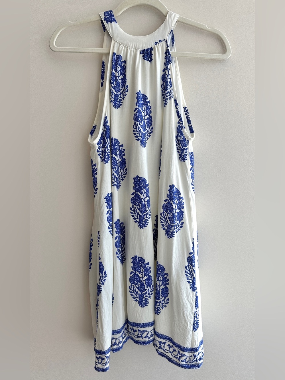 Amazon Greek Island Floral Blue and White Halter Mini Dress, Vacation Outfit